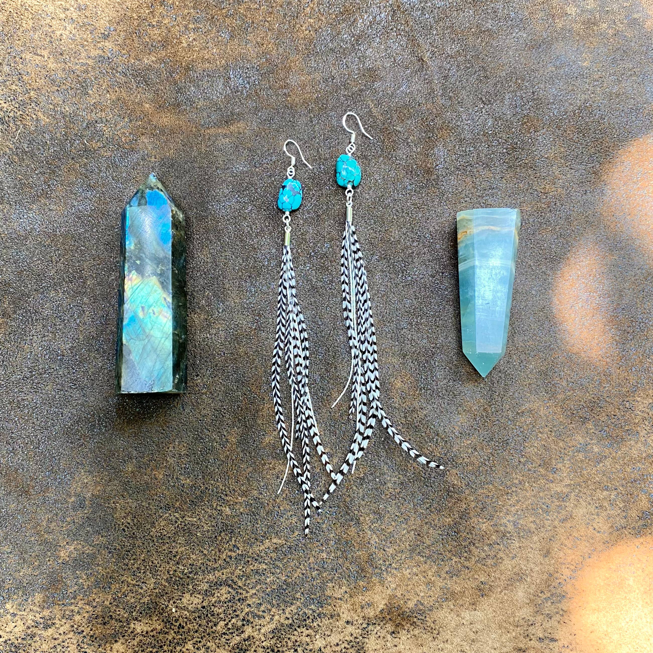 Turquoise & Mini Feather Earrings - Grizzly/Silver, Western: Grizzly / Silver