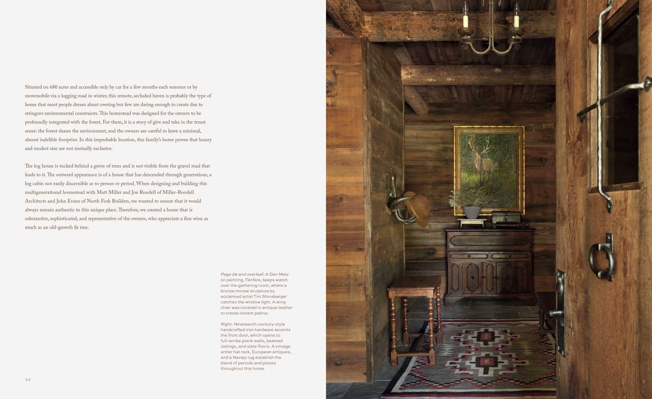Wooden interior with rustic decor, including a painting on the wall and wooden furniture.