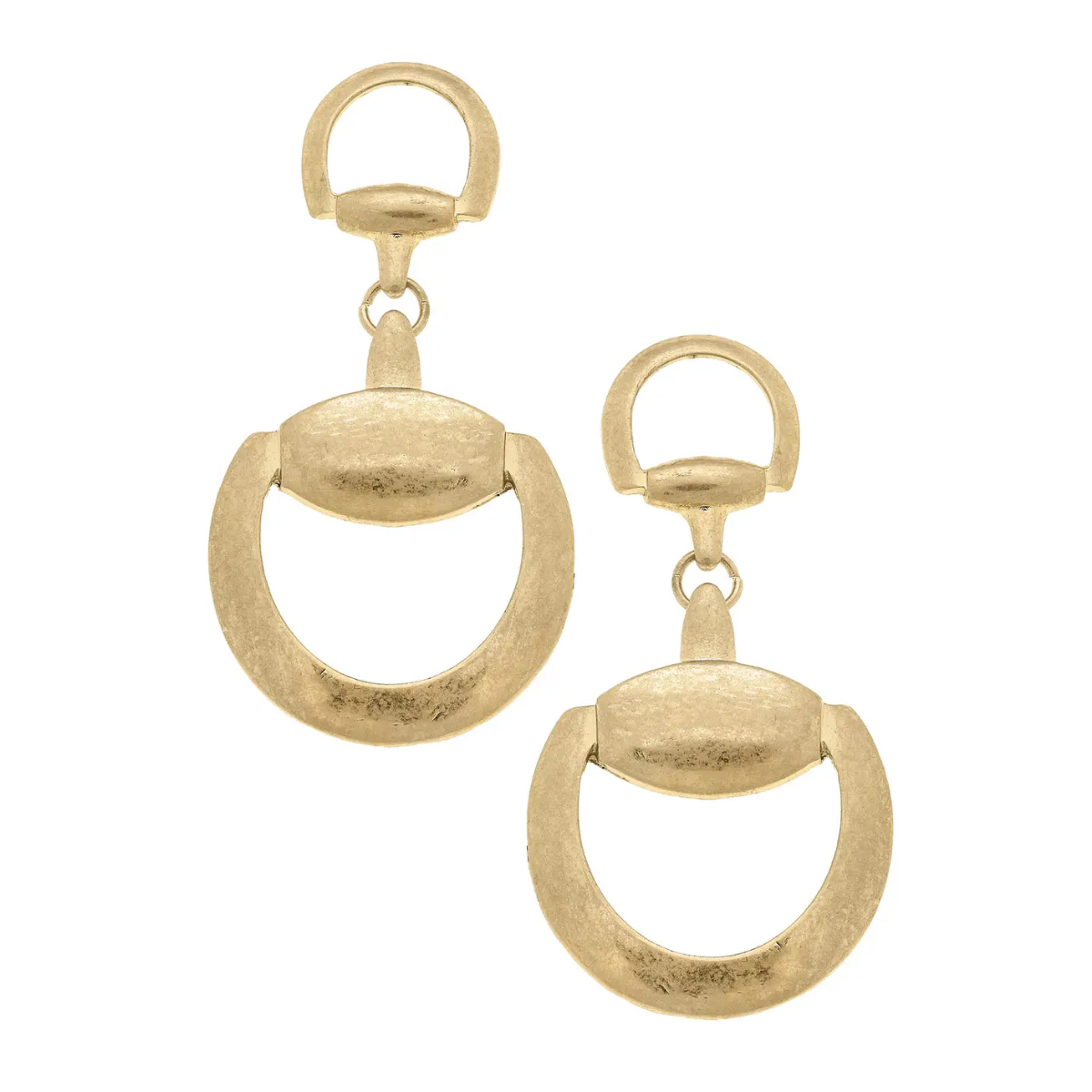 A pair of gold-tone drop earrings featuring an elegant double horse bit design. These equestrian-inspired statement earrings add a sophisticated and timeless touch to any outfit.