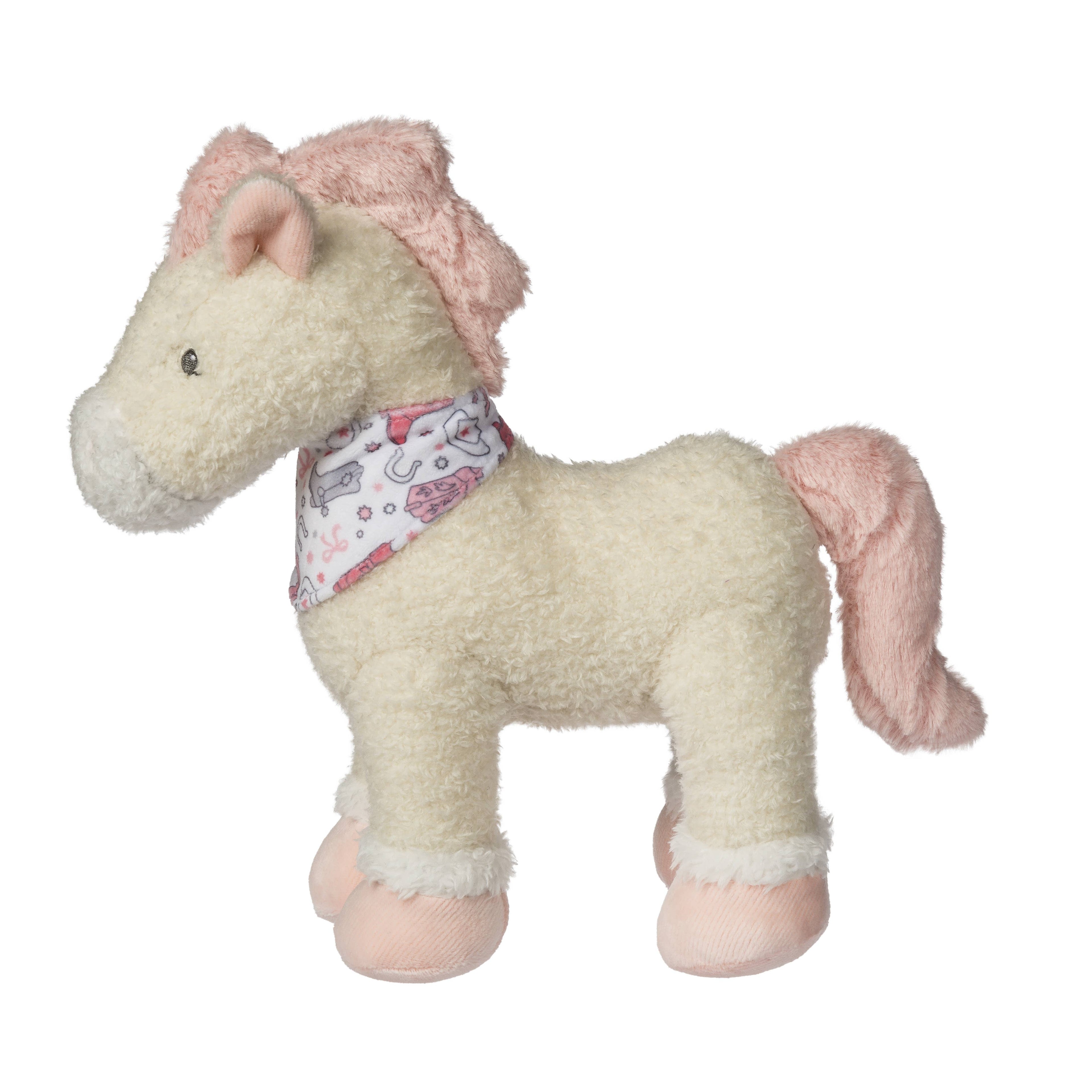 Plush toy horse with pink mane and tail on a white background