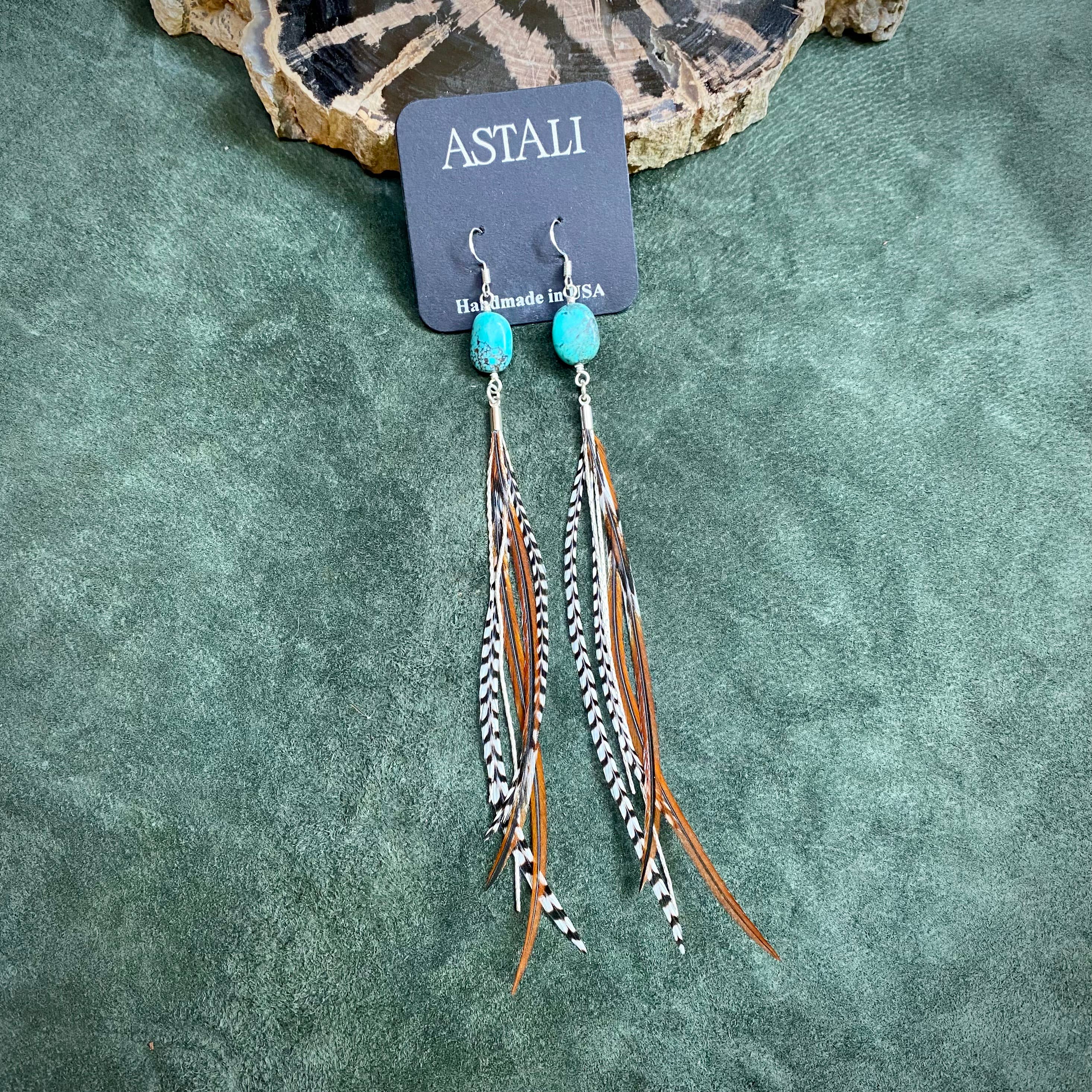 Turquoise & Mini Feather Earrings - Grizzly & Fawn/Silver: Grizzly & Fawn / Silver