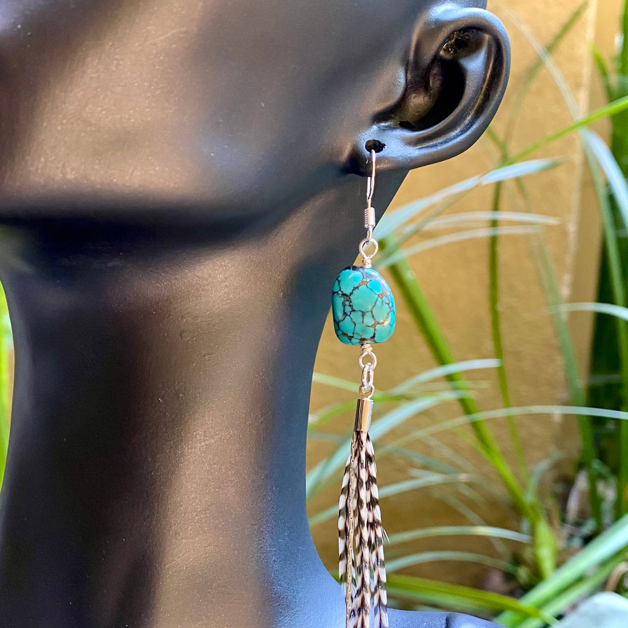 Turquoise & Mini Feather Earrings - Grizzly/Silver, Western: Grizzly / Silver