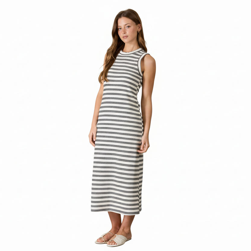 Sleeveless striped knit midi dress with back button detail and split hem