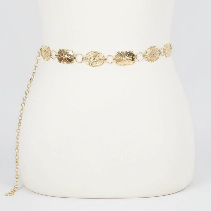 Gold western concho chain belt with linked metal plates and adjustable fit for dresses or denim styling
