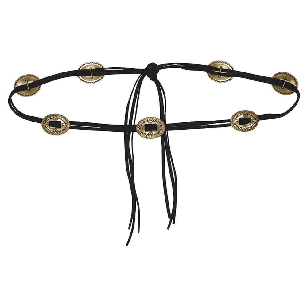 Gilded Tie Belt in black faux suede with antique brass conchos and wrap tie closure