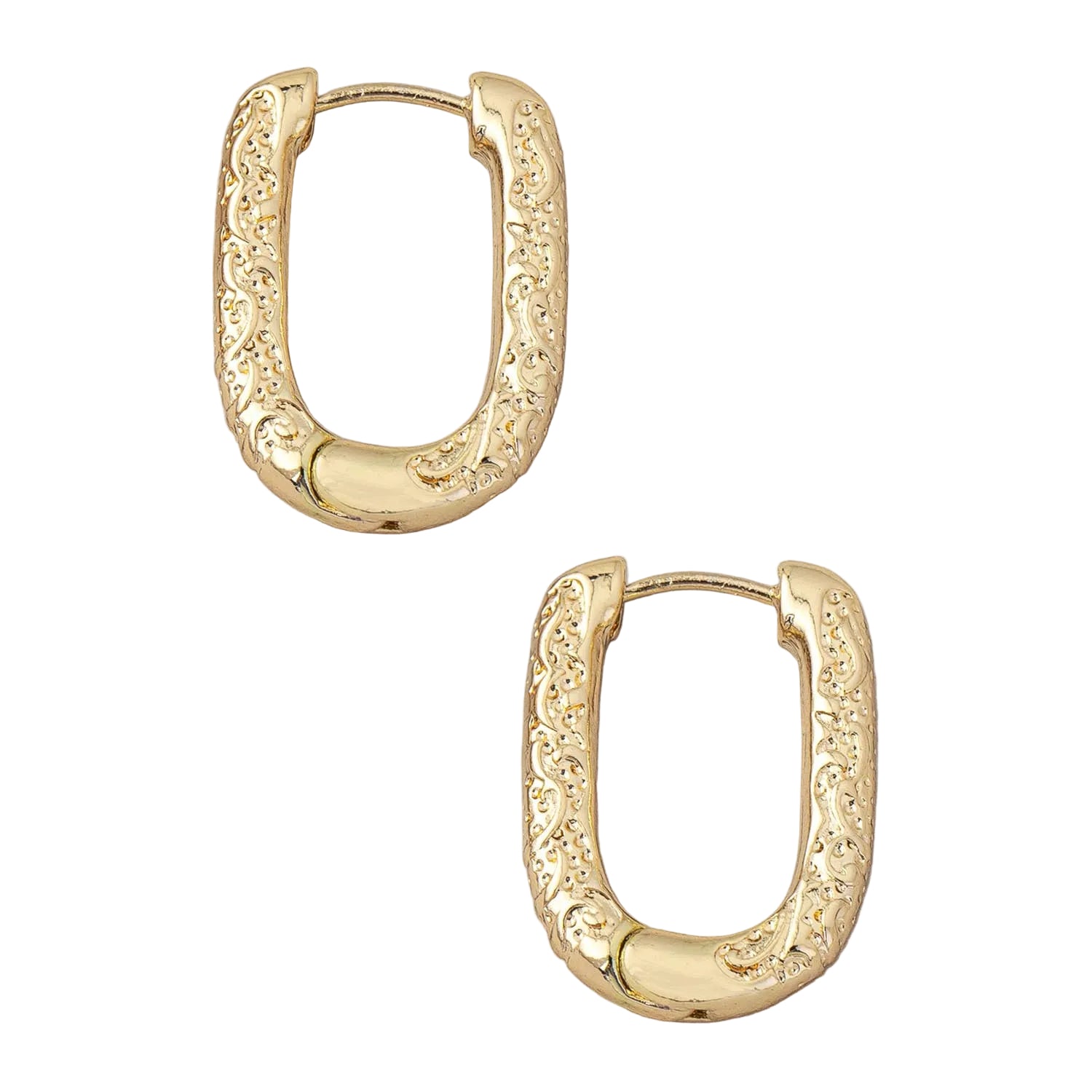Gold hoop earrings on a light gray background