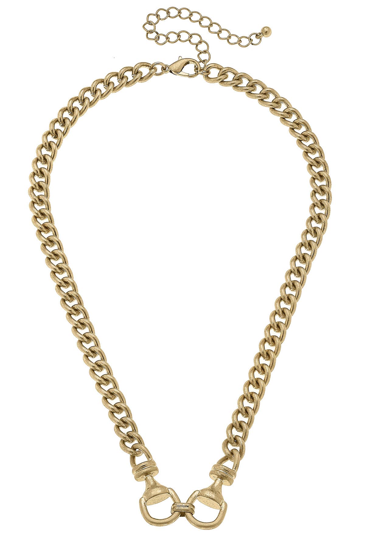 A sophisticated gold-tone necklace featuring interconnected horse bit links, blending equestrian elegance with modern style. A timeless statement piece perfect for any outfit.