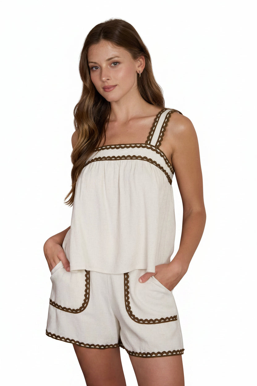 Cream square neck sleeveless cami top with brown scalloped trim and relaxed fit