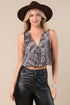 Western paisley print V-neck open cardigan vest with coquette-style ribbon tie.