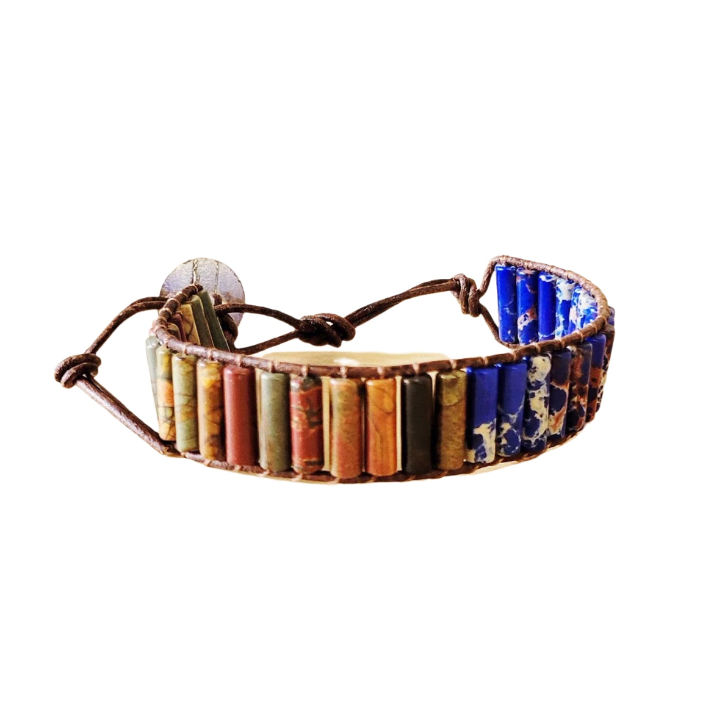 Painted Desert Trail Bracelet featuring genuine Picasso Jasper and Lapis beads woven into an adjustable leather wrap bracelet, inspired by Southwestern landscapes.