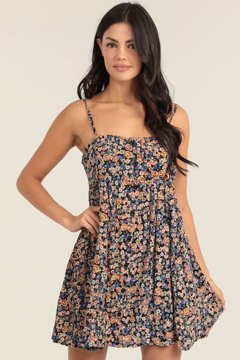 Women’s western ditsy floral button front mini dress with adjustable straps and pockets