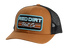 Red Dirt Hat Co. Between the Line Hat featuring a brown front panel, black mesh back, embroidered logo patch with retro stripes, and snapback closure.