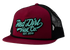 Red Dirt Hat Co. Off The Vine Hat featuring a burgundy front panel, black mesh back, teal 3D embroidered logo patch, rope detail, and a flat bill.