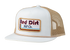 A white and tan Red Dirt Hat Co. Neon Cowboy Hat featuring a retro-inspired embroidered patch, flat bill with rope detail, and breathable mesh back.