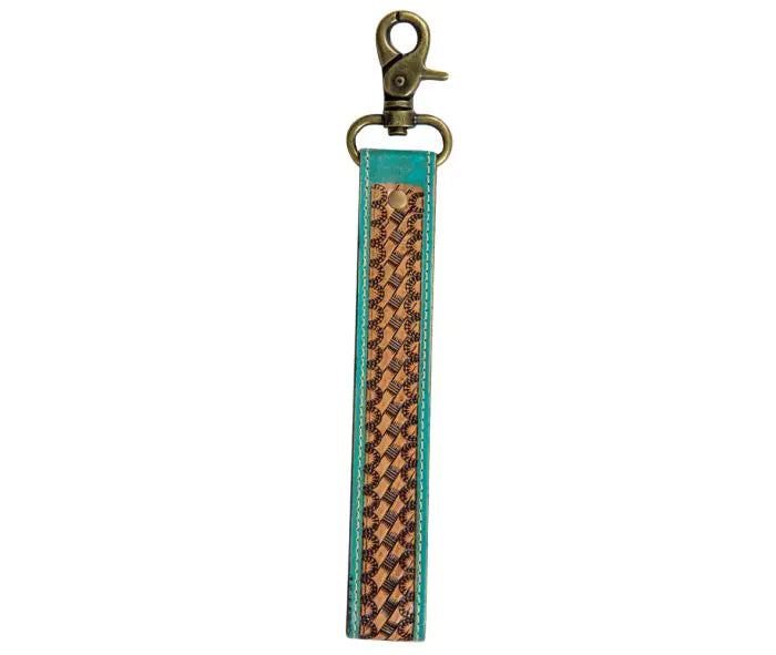 Teal Accent Hand-Tooled Strap Key Fob