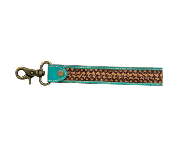 Teal Accent Hand-Tooled Strap Key Fob