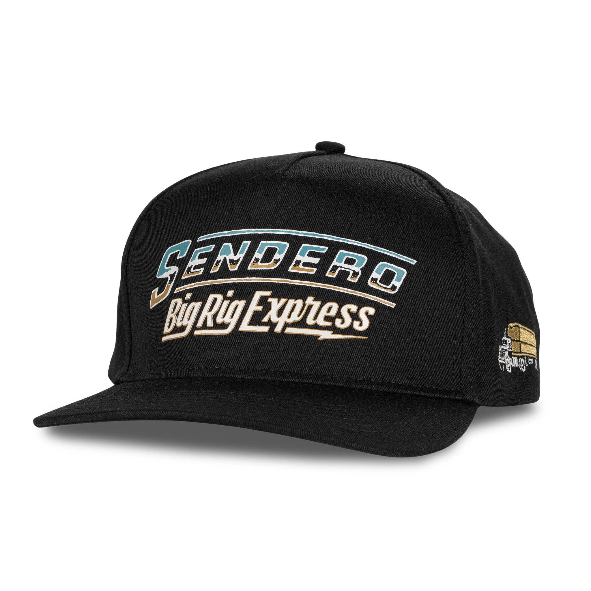 Black trucker-style cap featuring a retro-inspired "Sendero Big Rig Express" embroidered design with vintage lettering and a side patch of a semi-truck. Structured front panel with an adjustable fit.