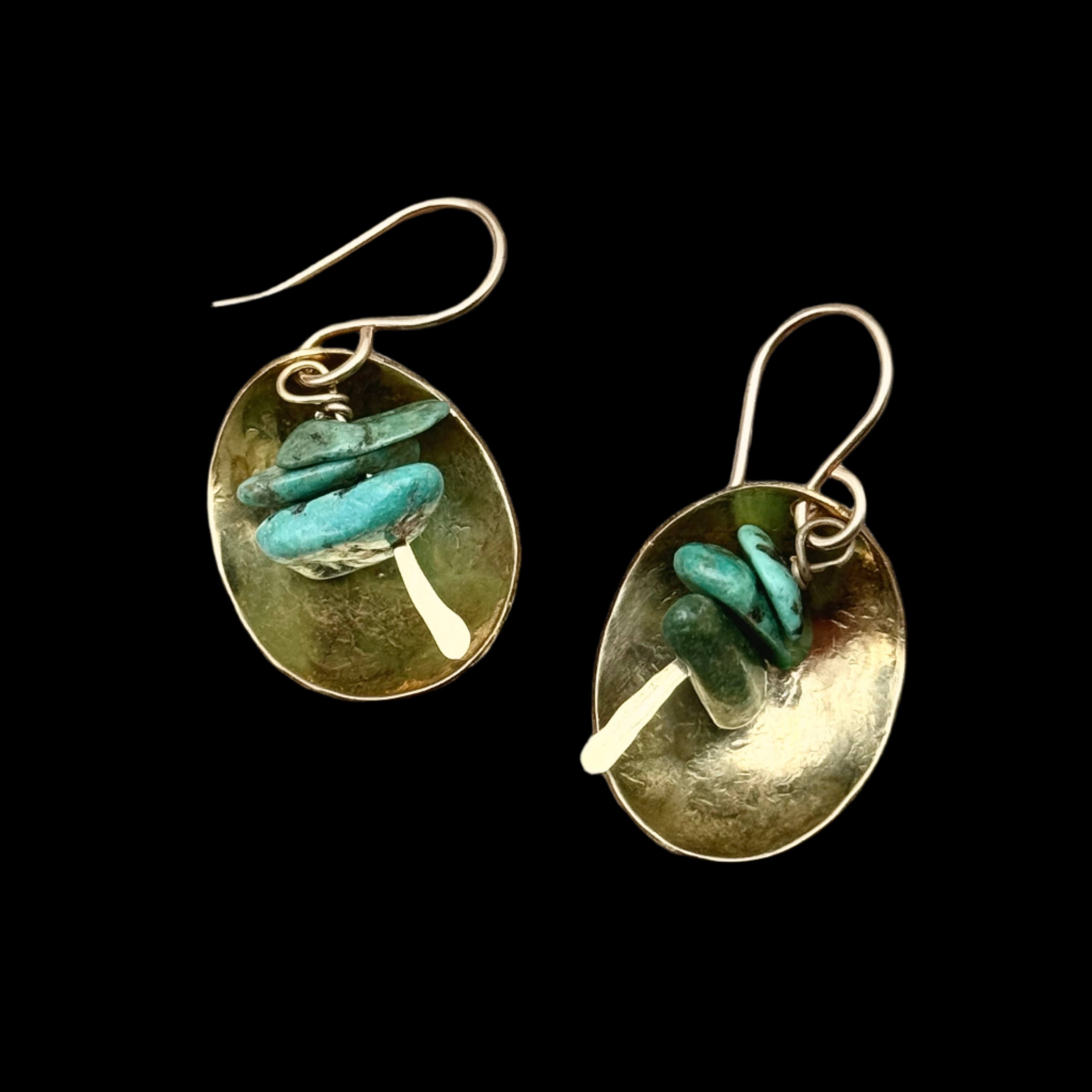Handmade Sierra Verde Earrings featuring gold pendants with jasper stones, hanging from hypoallergenic 14k gold-filled ear wires.