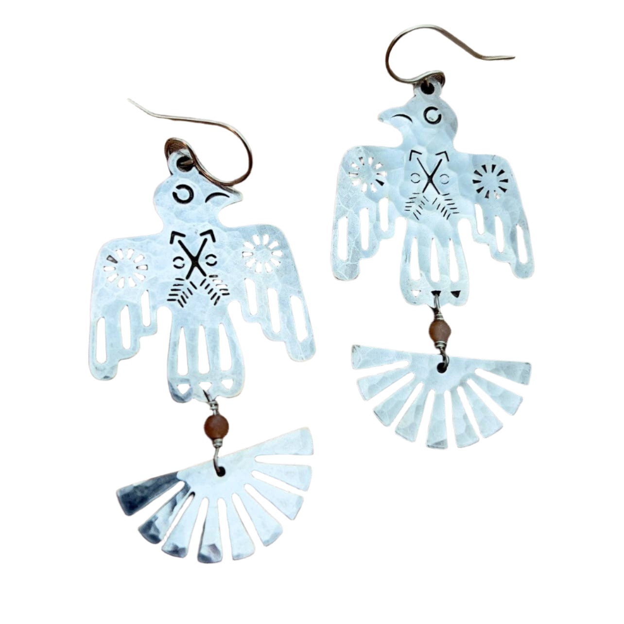 Handmade Talia Earrings featuring sterling silver-plated bird and cutout pendants with a faceted sunstone bead, hanging from hypoallergenic sterling silver ear wires.