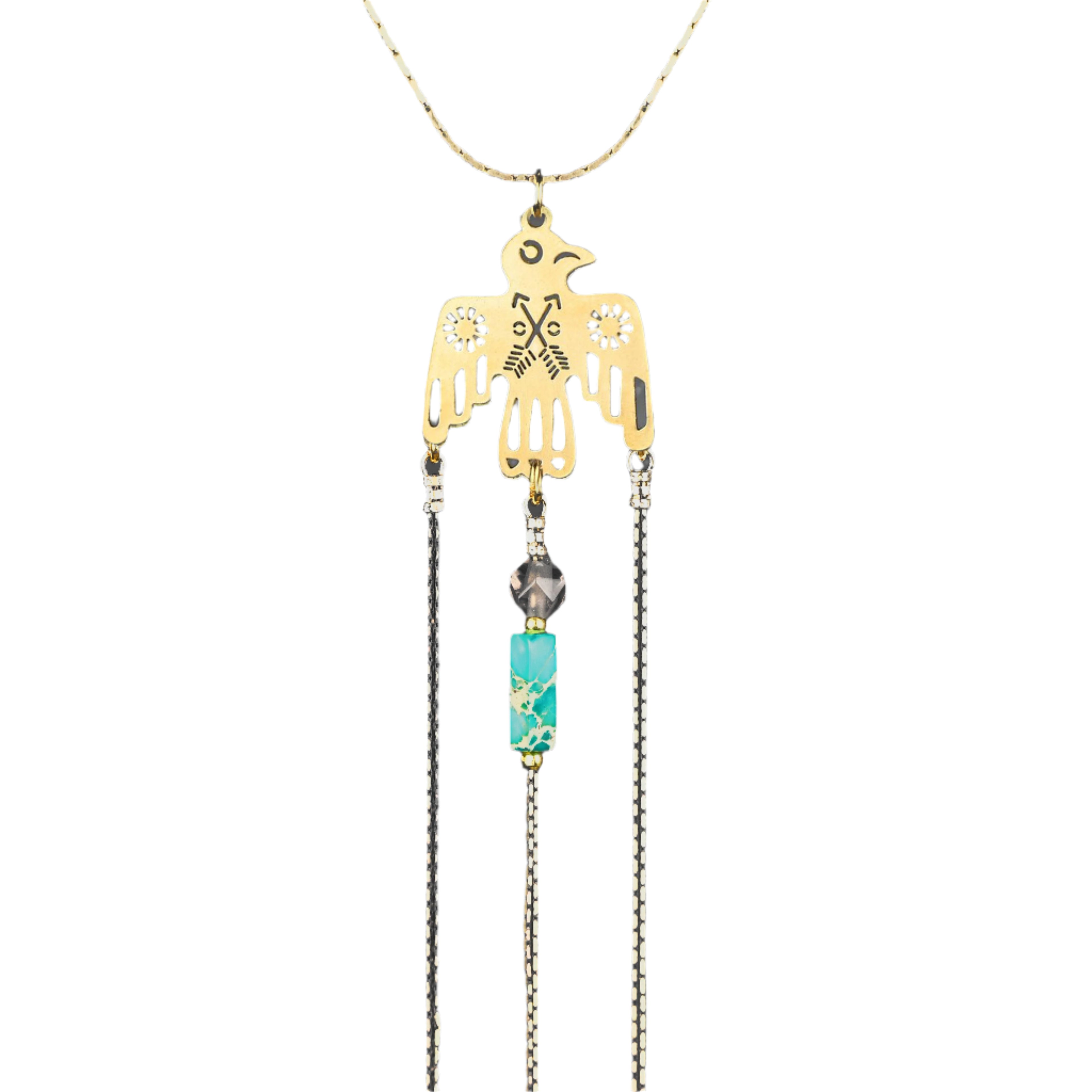 brass thunderbird necklace with turquoise jasper, smoky quartz, and black and gold tassel on an adjustable gold-plated chain.