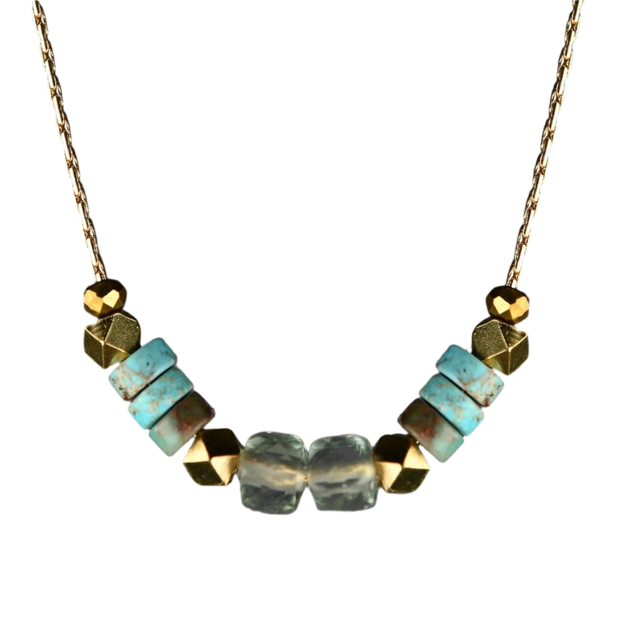 Handmade Twilight Mesa Necklace featuring turquoise jasper, faceted aquamarine, brass beads, and tiny gold crystals on a 24k gold-plated brass chain.