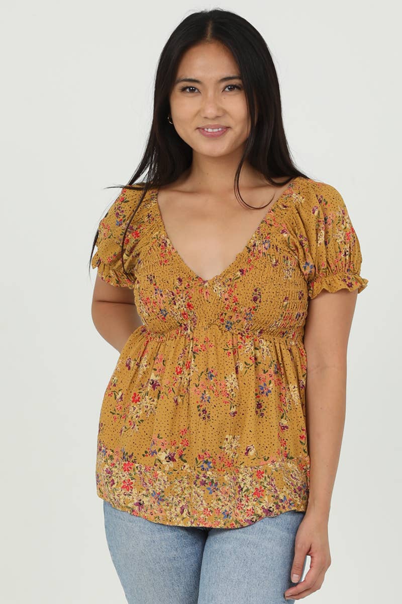 Women’s western floral smocked bodice puff sleeve blouse in yellow