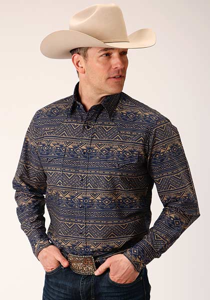 Roper Mens Navy Aztec Snap Front Shirt