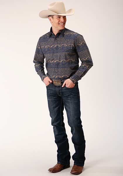 Roper Mens Navy Aztec Snap Front Shirt