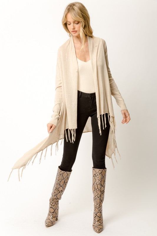 Mystree Fringe Bottom Drape Ivory Sweater