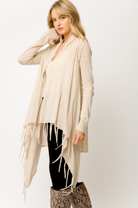 Mystree Fringe Bottom Drape Ivory Sweater