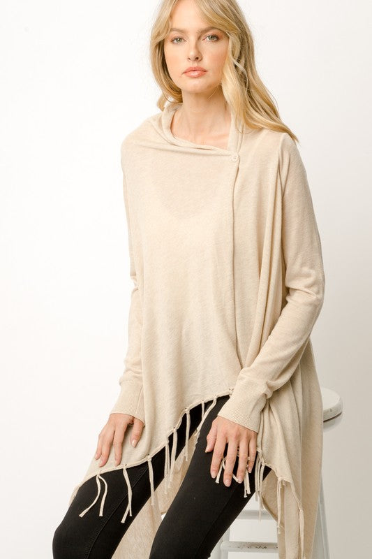 Mystree Fringe Bottom Drape Ivory Sweater