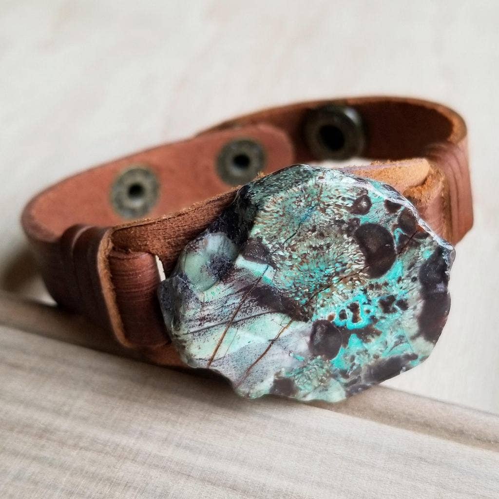 Ocean Agate Slab on Narrow Leather Cuff