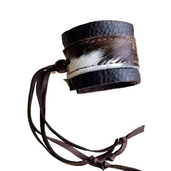 Leather Cuff w/ Adjustable Leather Tie-Brown & White Hide