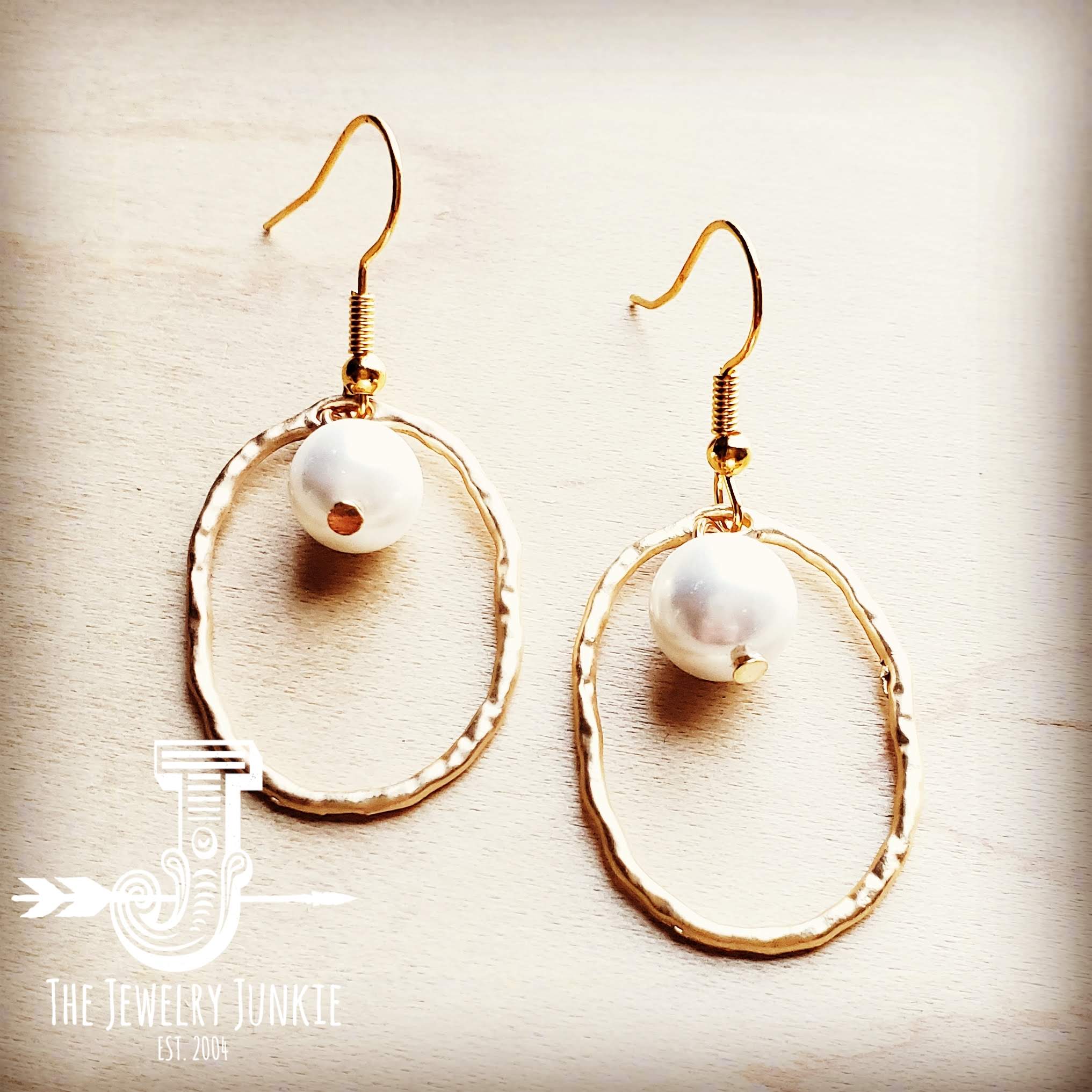 Matte Gold Hoop Earrings with Freshwater Pearl Dangle 203s