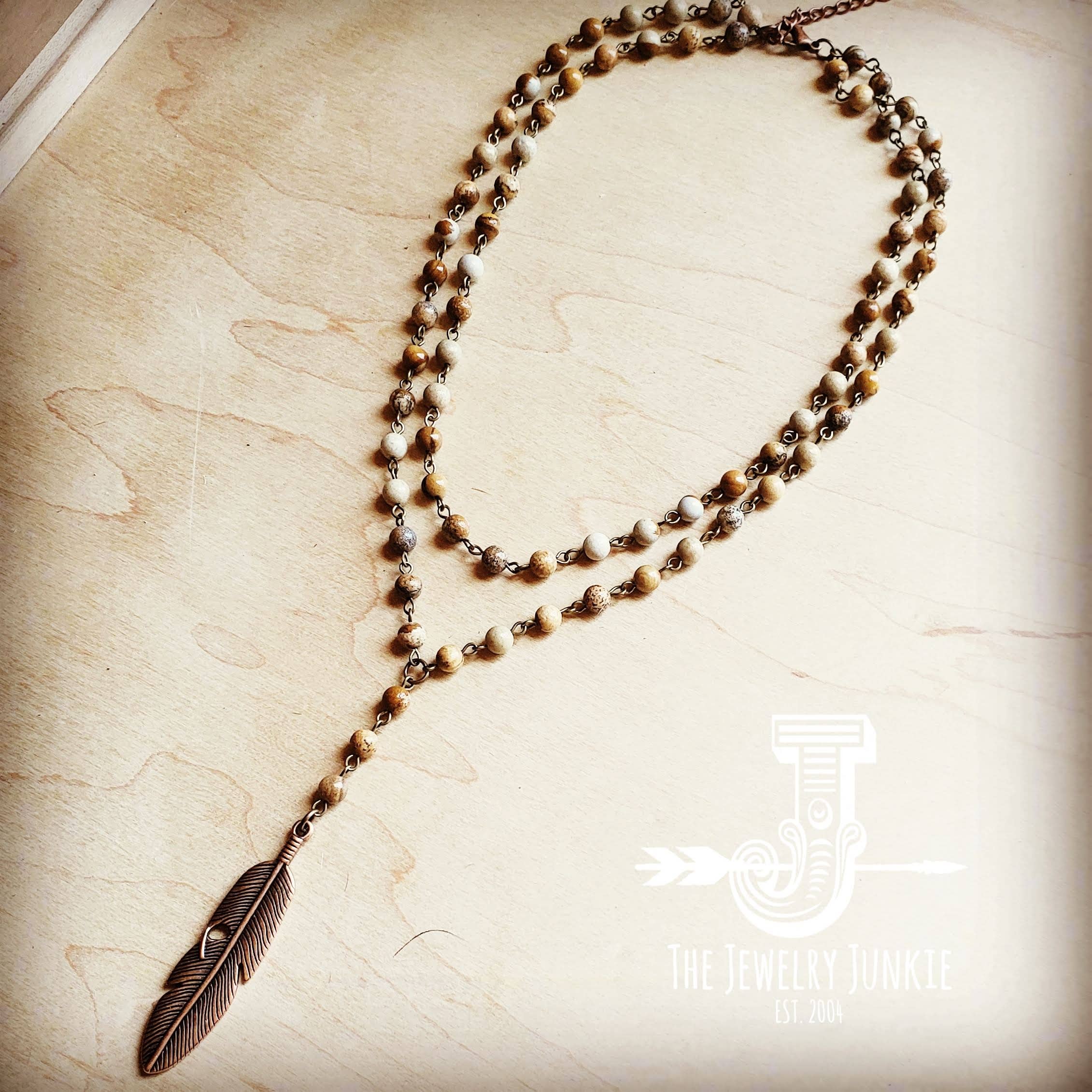 Double Strand Lariat Jasper Necklace w/ Copper Feather