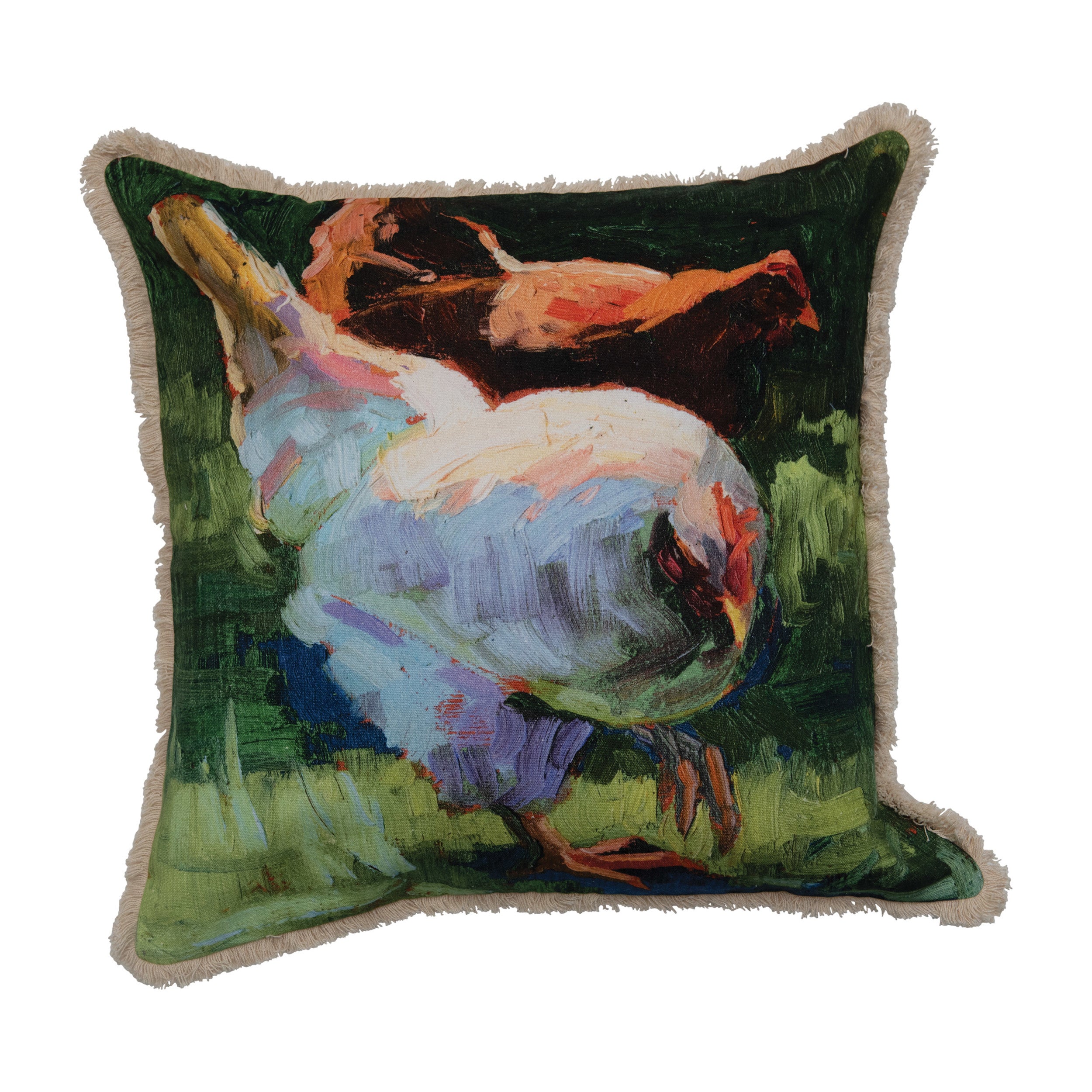 Square Cotton Pillow with Fringe and Chicken