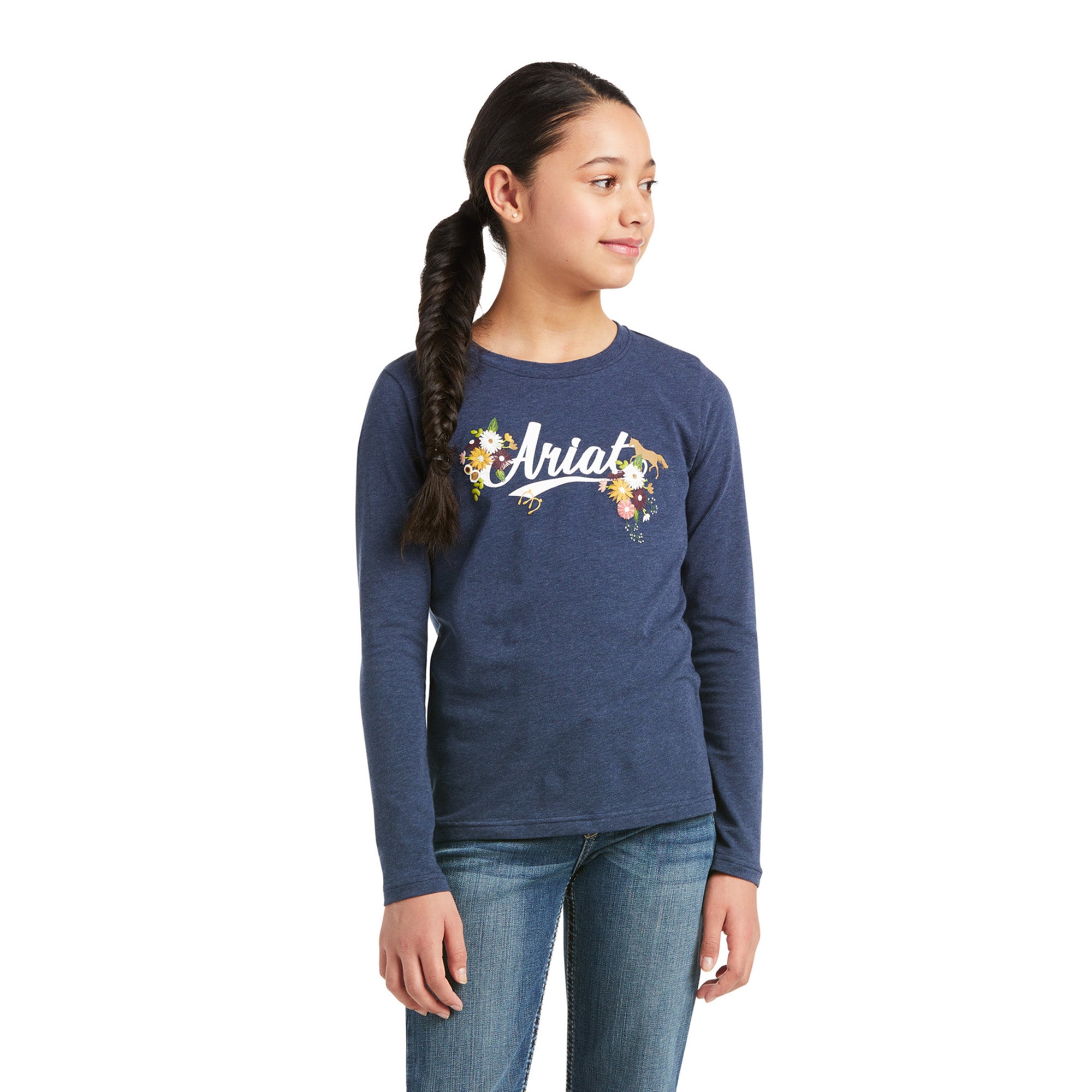 Ariat Girls Flora Fauna Logo Long Sleeve T-Shirt Navy Heather