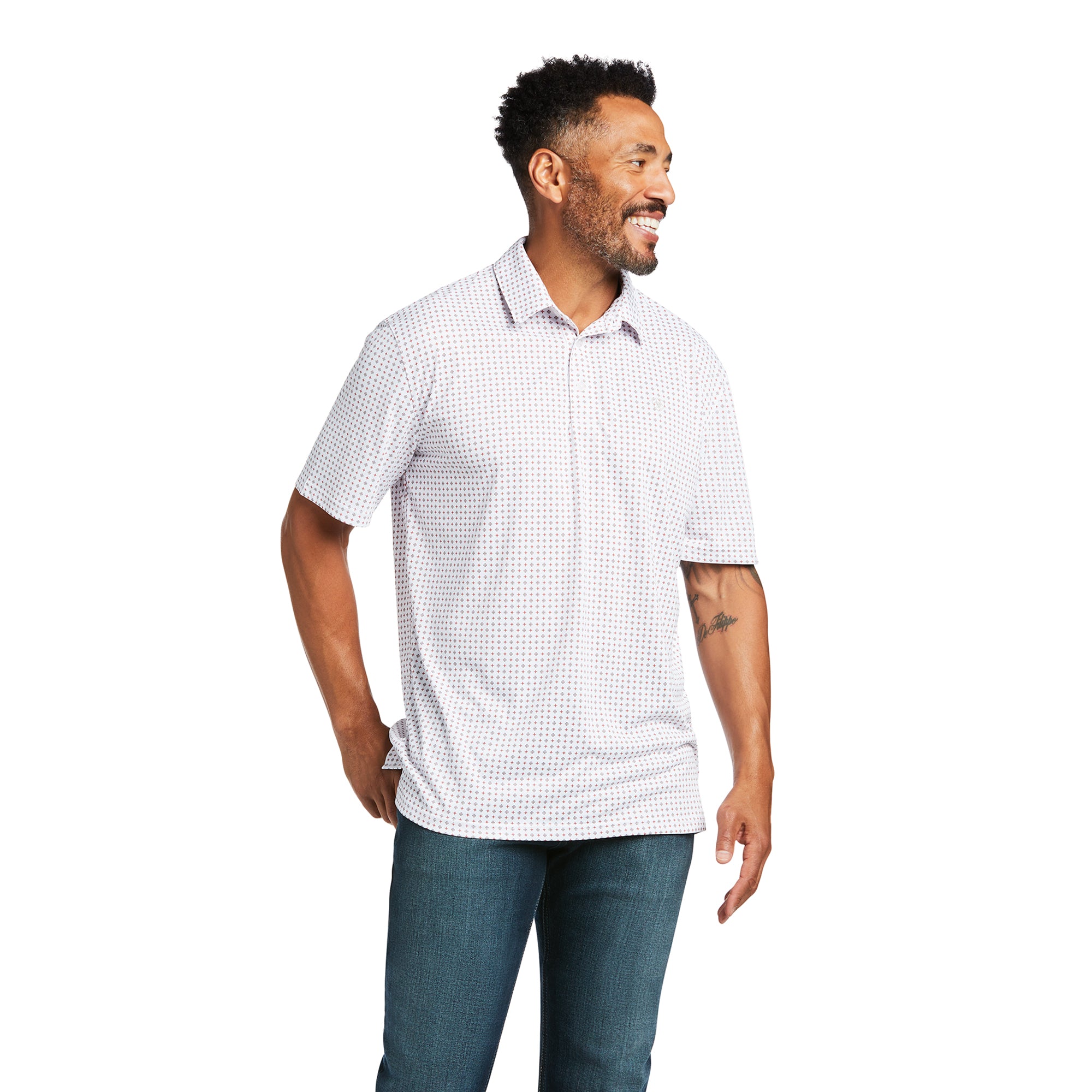Ariat Mens White Geo Print Short Sleeve Polo
