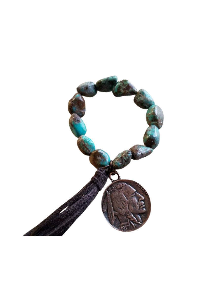 African Turquoise Indian Coin & Tassel Bracelet