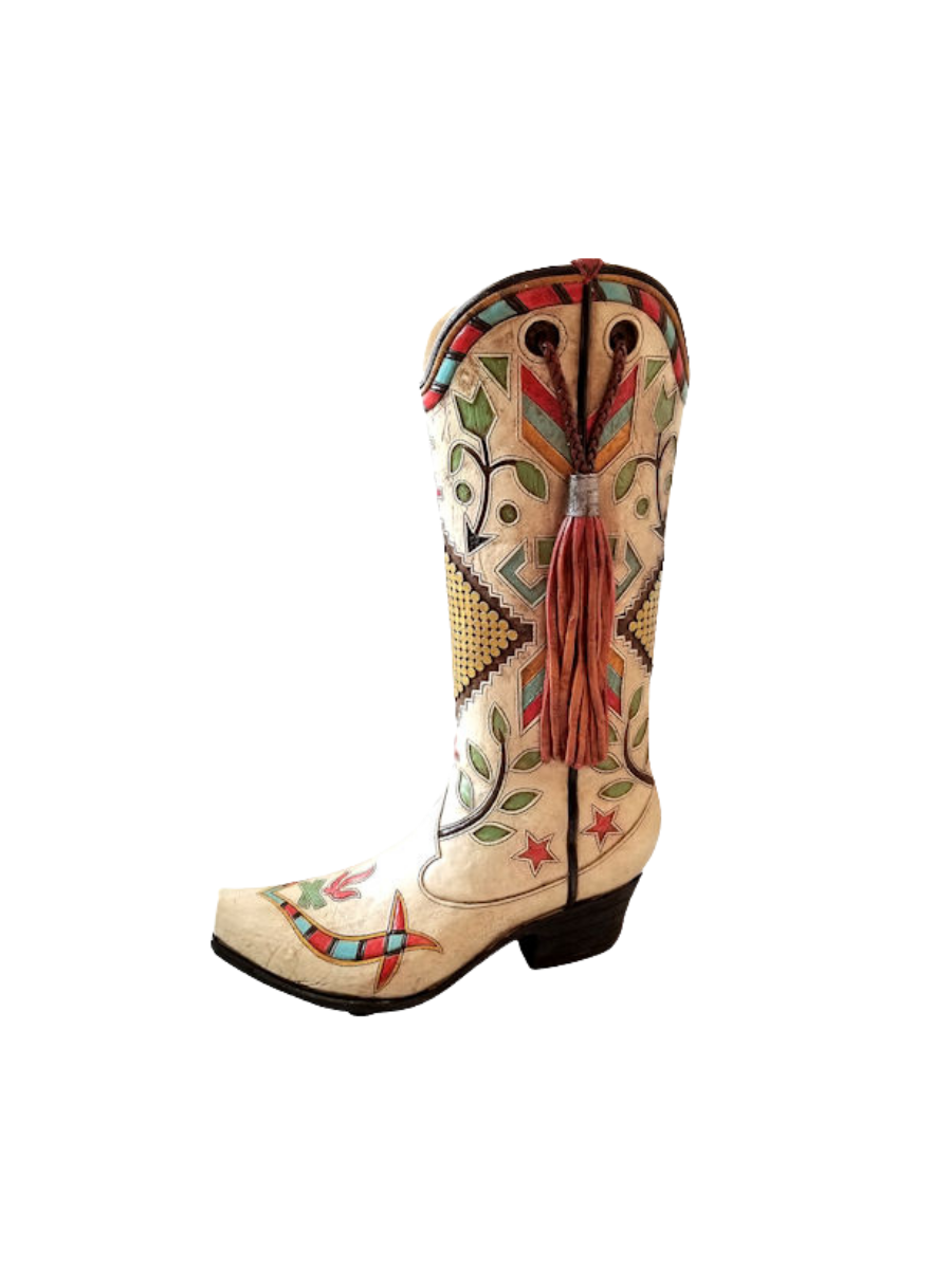 White Boot With Flowers 12 Inch Vase