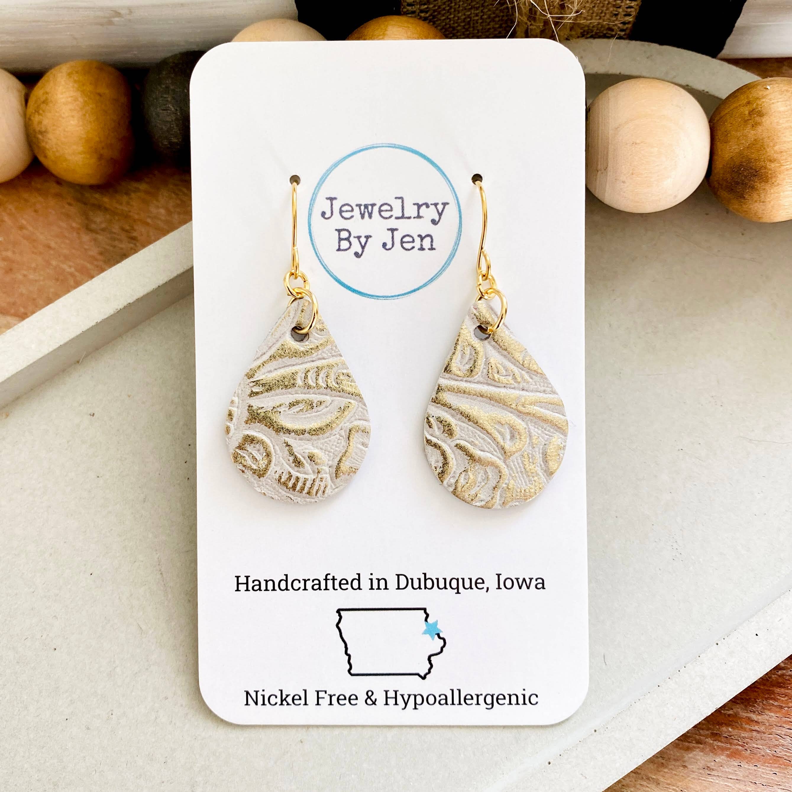 Small Teardrop: Cream & Platinum Tooled