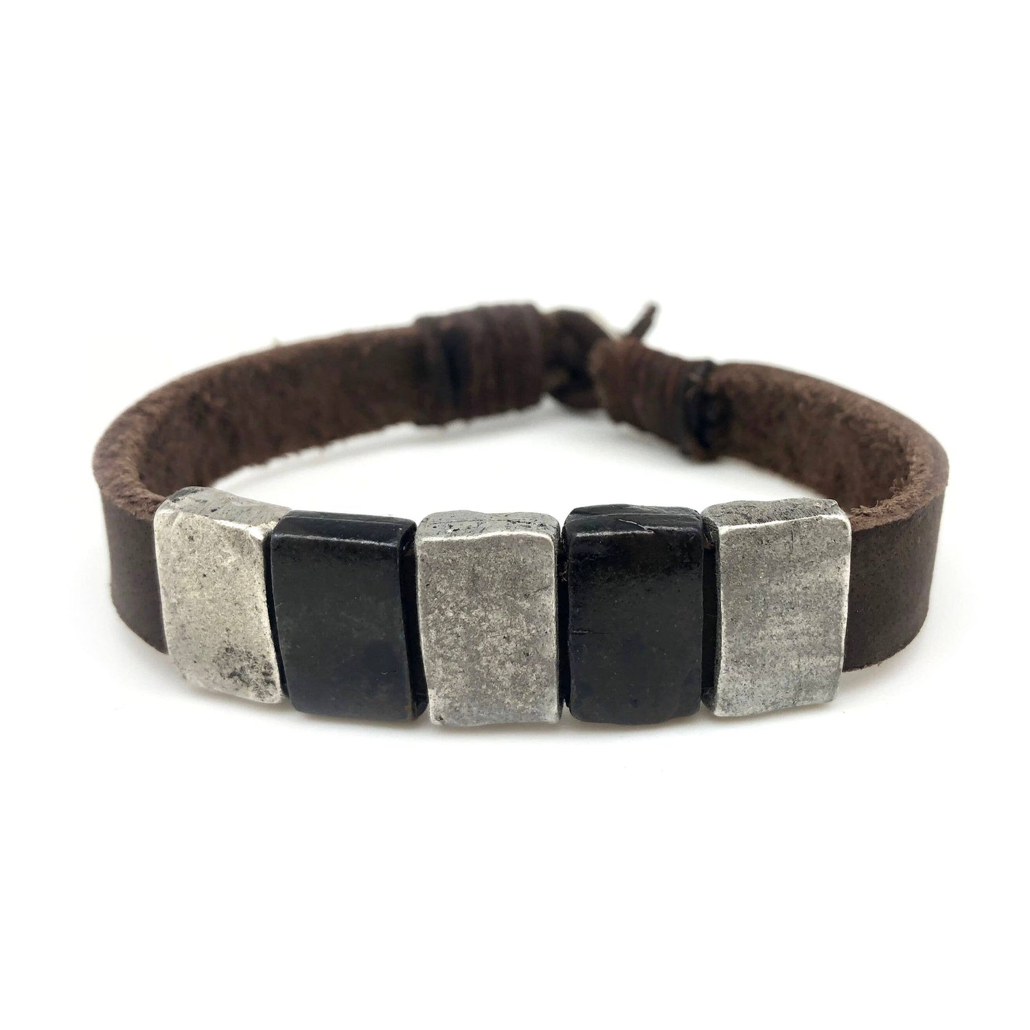 Aadi Silver and Black Rectangle Beads Leather Men&