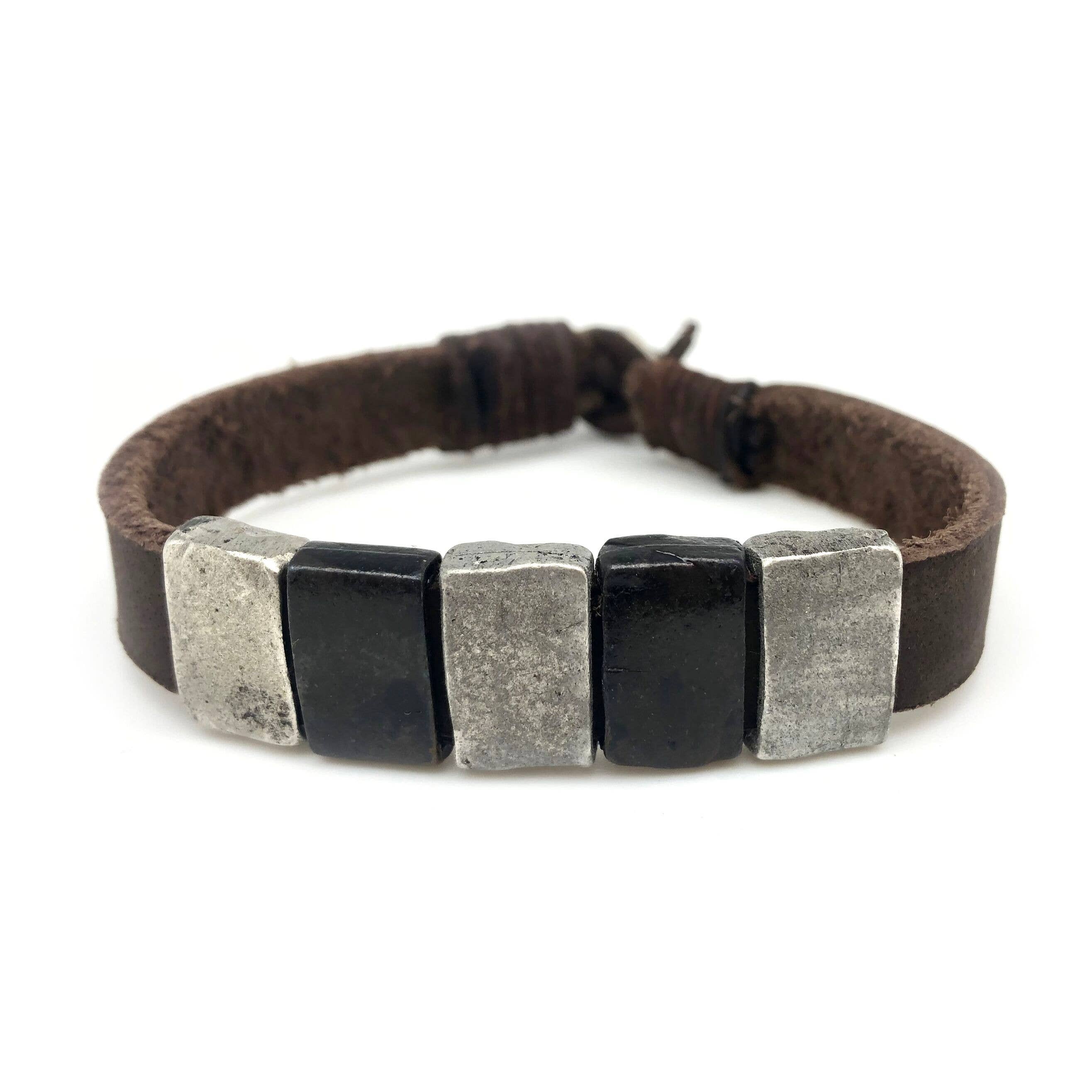 Aadi Silver and Black Rectangle Beads Leather Men&