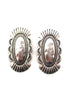 Pair of silver earrings with intricate designs on a white background