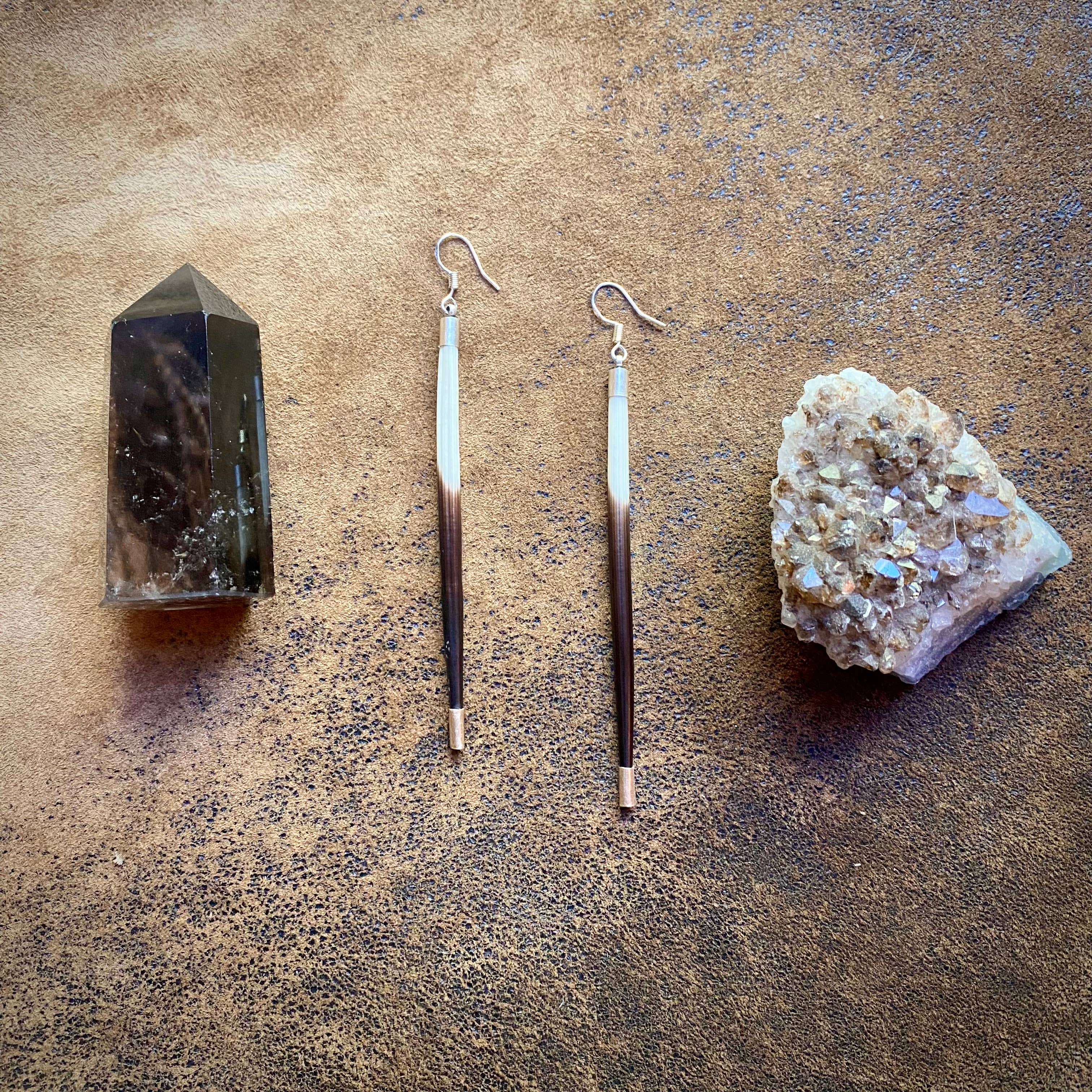 Porcupine Quill Earrings - Short, Black/Brown/Ivory, Silver: Short / Silver