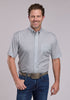 Man wearing a short sleeve Roper grey geometric print stretch poplin button-down shirt with button-down collar and chest pocket, paired with blue jeans.