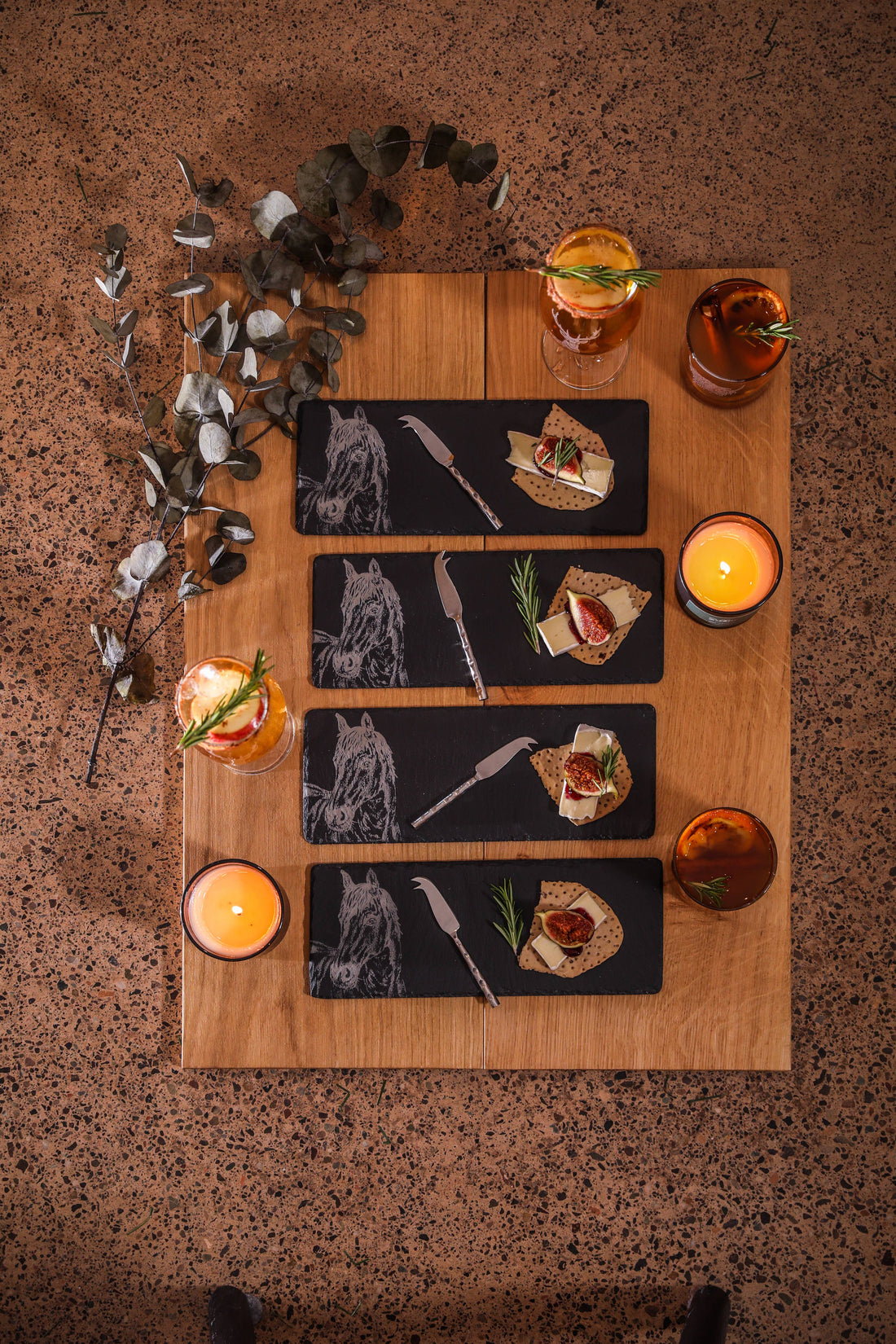 Mini Slate Cheese Board &amp; Knives - Horse Portrait