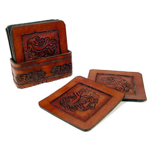 Tooled Leather Coasters, Set of 8