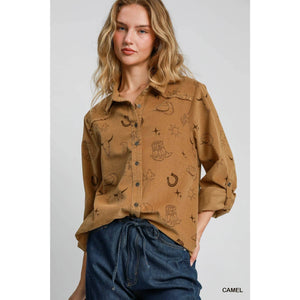 Walk The Line Corduroy Button Down Top, Camel