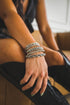 Close-up of a hand wearing multiple silver bracelets on a blurred background